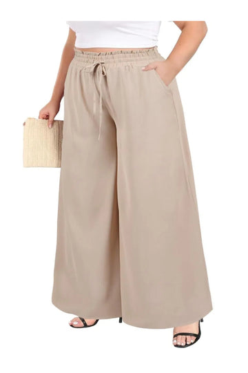 Woochic Pantalon Femme Large Taille Haute Bohème Élégant Amande L